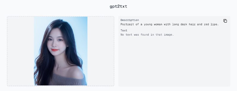 #AI #GitHub #RePost #Tool**gpt2txt**基于 AI 的图像转文本描述工具，可对图像内容进行分析并描述，同时也具有文字识别功能，语言为英文，免费使用，无需注册