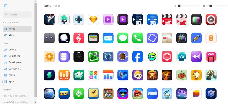 #RePost #Tool #Mark #URLiOS Icon Gallery一个 iOS 图标库，收录了很多 app 图标，提供多个尺寸下载，可以按颜色、设计师、年份和分类等进行查看，无需注册