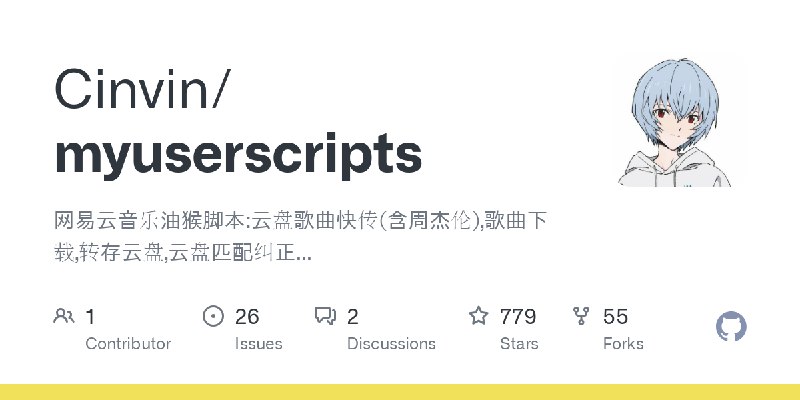 GitHub - Cinvin/myuserscripts: 网易云音乐油猴脚本:云盘歌曲快传(含周杰伦),歌曲下载,转存云盘,云盘匹配纠正...