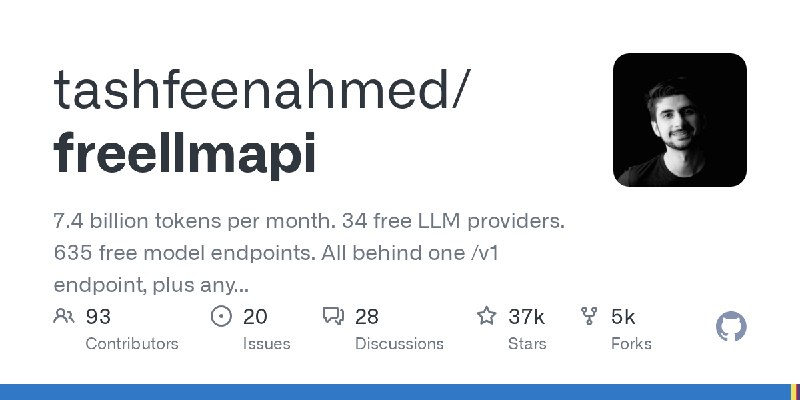 GitHub - tashfeenahmed/freellmapi: 7.4 billion tokens per month. 34 free LLM providers. 635 free model endpoints. All behind one…