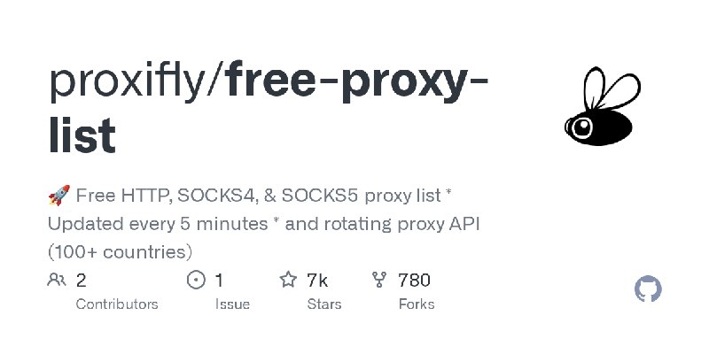 GitHub - proxifly/free-proxy-list: 🚀 Free HTTP, SOCKS4, & SOCKS5 proxy list * Updated every 5 minutes * and rotating proxy API…