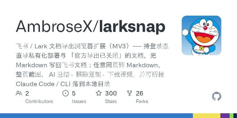 GitHub - AmbroseX/larksnap: 飞书 / Lark 文档导出浏览器扩展（MV3）—— 持登录态直导私有化部署与 「官方导出已关闭」的文档，把 Markdown 写回飞书文档；任意网页转 Markdown、整页截图、 AI 总结、解除复制、下载视频，并可桥接…