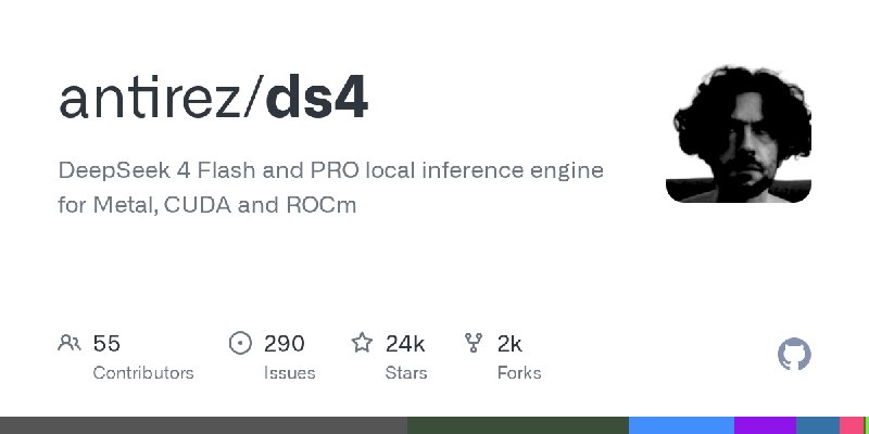 GitHub - antirez/ds4: DeepSeek 4 Flash and PRO local inference engine for Metal, CUDA and ROCm