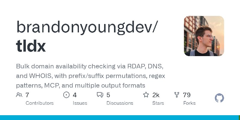 GitHub - brandonyoungdev/tldx: Bulk domain availability checking via RDAP, DNS, and WHOIS, with prefix/suffix permutations, regex…