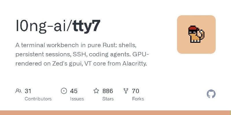 GitHub - l0ng-ai/tty7: A terminal workbench in pure Rust: shells, persistent sessions, SSH, coding agents. GPU-rendered on Zed's…