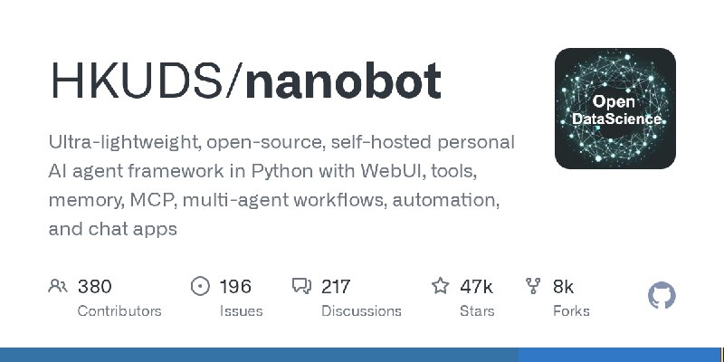 GitHub - HKUDS/nanobot: Ultra-lightweight, open-source, self-hosted personal AI agent framework in Python with WebUI, tools, memory…