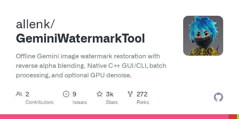 GitHub - allenk/GeminiWatermarkTool: Offline Gemini image watermark restoration with reverse alpha blending. Native C++ GUI/CLI…