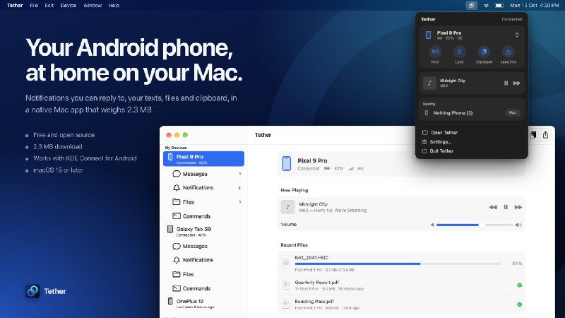 Tether - 📱 ⇄ 💻 macOS 与 Android 上 KDE Connect 互联互通的原生应用